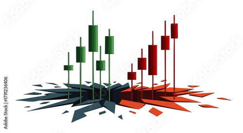A stylized illustration depicts stock market performance with green and red candlestick charts emerging from broken ground, symbolizing market volatility.