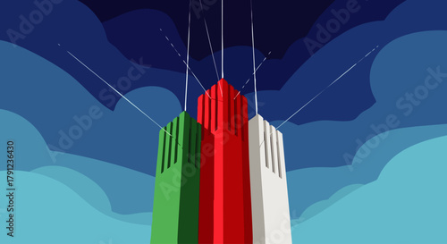 Modern skyscrapers with green red and white facades reach towards a dramatic blue sky with stylized clouds and broadcast signals.