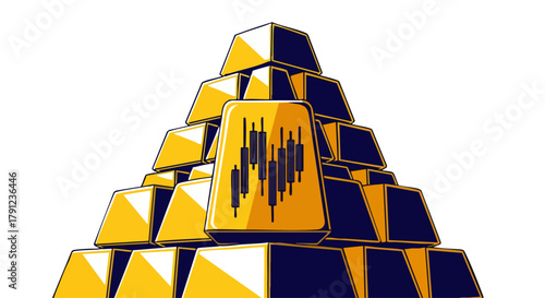 A vibrant illustration depicting a pyramid of shining gold bars with a financial candlestick chart on one, symbolizing wealth accumulation and successful investment strategies.