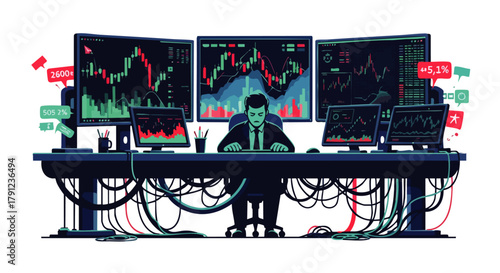 A dedicated financial trader meticulously analyzes complex market data across an array of high-tech screens, navigating the dynamic world of digital investments and analytics.