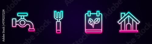 Set line Water tap, Garden pitchfork, Calendar with autumn leaves and Farm house. Glowing neon icon. Vector