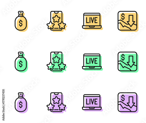 Set line Online poker table game, Money bag, sports betting and Financial growth decrease icon. Vector