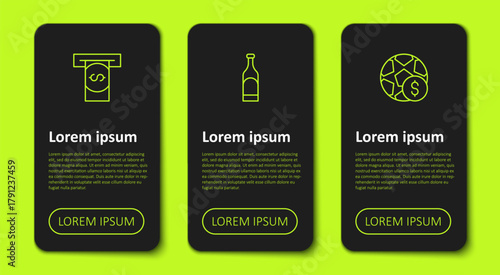 Set line Automated teller machine and money, Bottle of wine and Football betting. Business infographic template. Vector