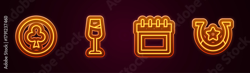 Set line Playing card with clubs symbol, Wine glass, Calendar and Horseshoe. Glowing neon icon. Vector