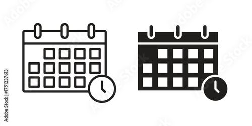 Calendar clock icons in outline, flat style. Vector EPS