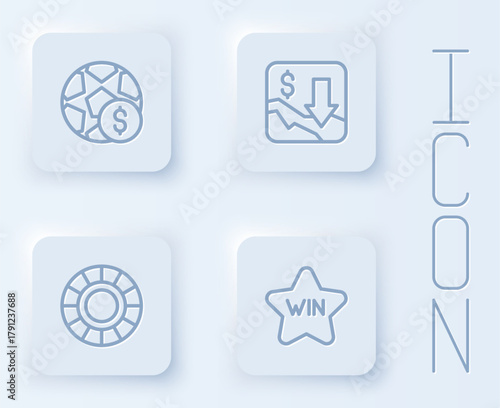 Set line Football betting money, Financial growth decrease, Casino chips and win. White square button. Vector
