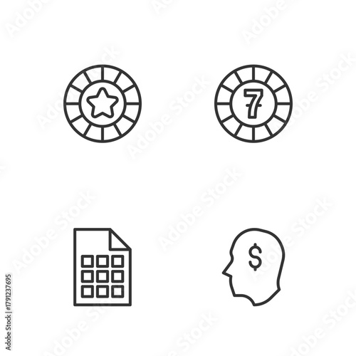 Set line Lucky player, Lottery ticket, Casino chips and icon. Vector