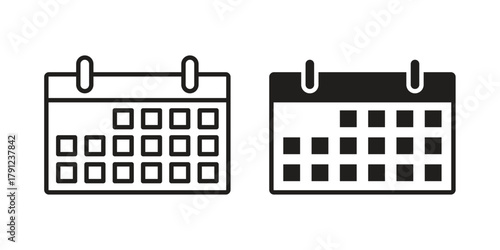 Calendar icons in outline, flat style. Vector EPS
