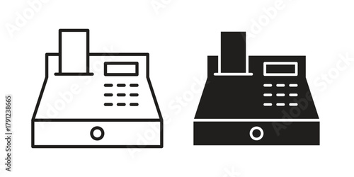 Cash register icons in outline, flat style. Vector EPS