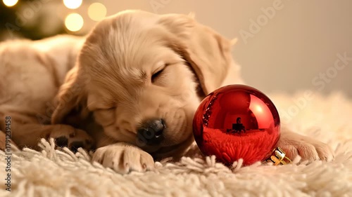 Golden Retriever Puppy Sleeping Next to Red Ornament