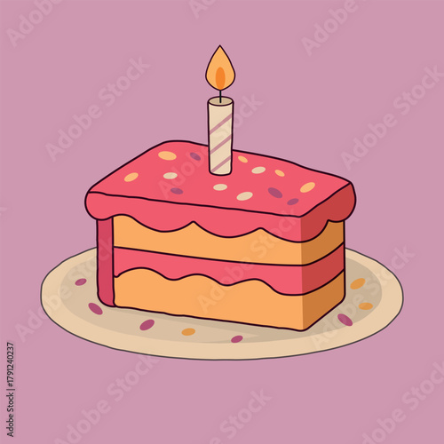 illustration of a piece of birthday cake with a candle. strawberry flavor for a children's party, vibrant colors. cartoon style. pink, purple, yellow, beige vector