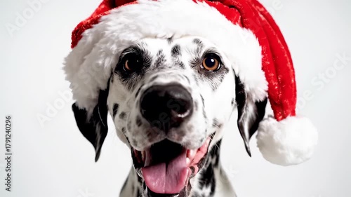 Dalmatian Dog Wearing Santa Hat on White Background