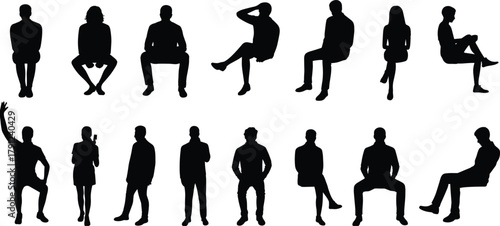 Silhouettes of seated and standing people, relaxed poses, gesture reference, black vector figures, posture study, animation, design resource