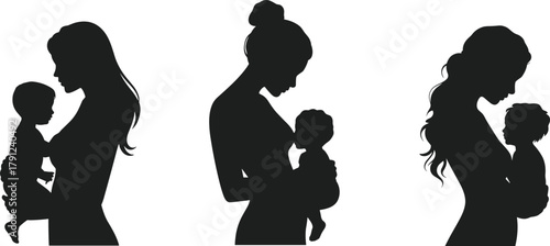 Silhouettes of mothers holding babies, nurturing women in profile view for motherhood, care, bonding, family love and parenting themes