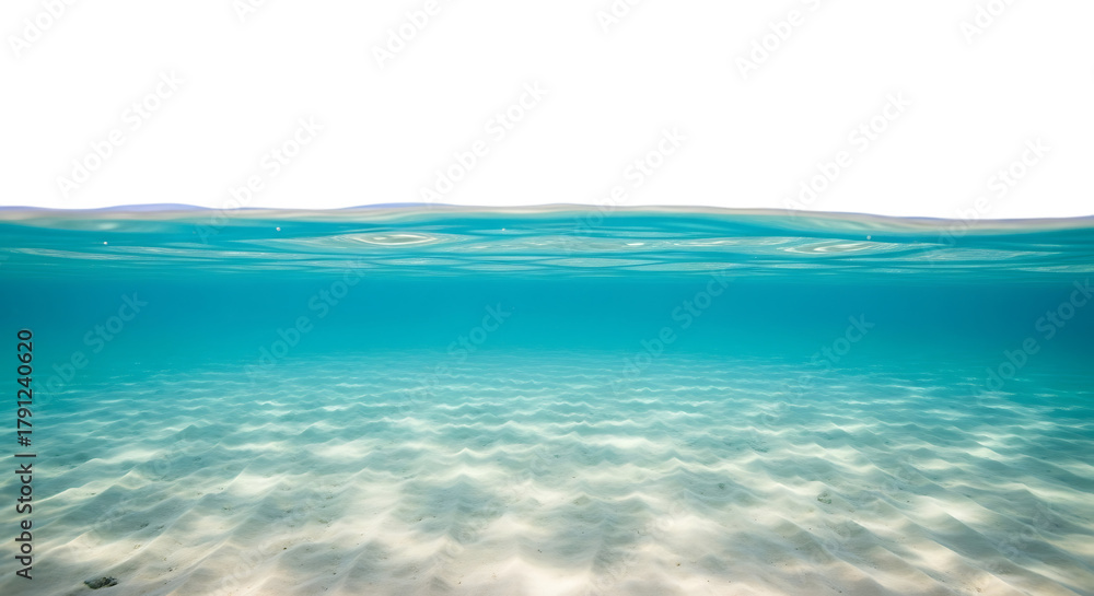 Obraz premium Underwater view of clear turquoise ocean water with sandy seabed and rippling surface, cutout, PNG isolated on white or transparent background