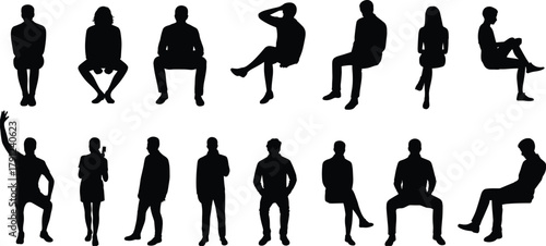 Silhouette people poses, seated and standing posture, body language reference, gesture illustration, character design, yoga, anatomy, movement, black figure art