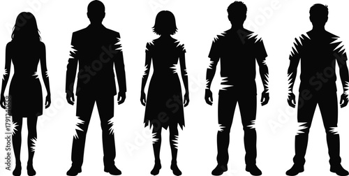 Silhouette people illustration, fragmented human figures, abstract torn effect, black vector design, diverse clothing, emotional concept, white background, stock art