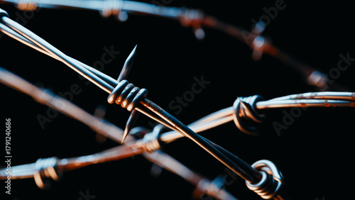 Close-up of sharp barbed wire on a dark background, concept of danger and restriction. 3d rendering