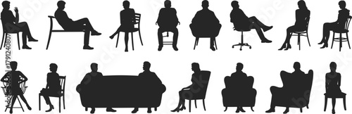 Seated silhouette set, people on chairs and couches, various postures, black vector illustration, furniture icon, human figure, white background