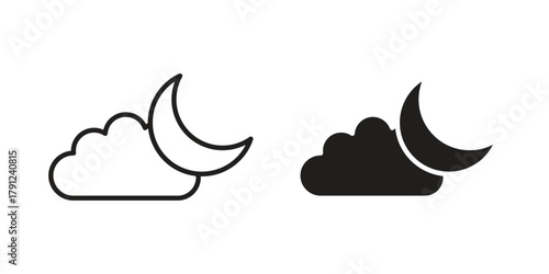 Cloud moon icons in outline, flat style. Vector EPS