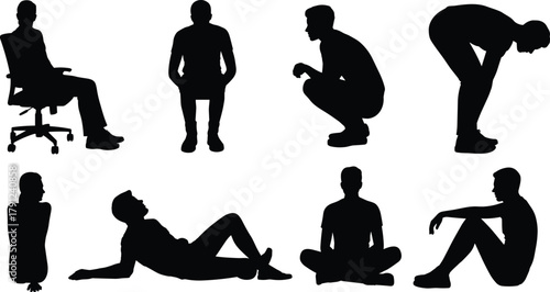 Seated posture silhouettes, crouching figure icons, ergonomic poses, human body positions, vector illustration, black white contrast, design reference, physical movement