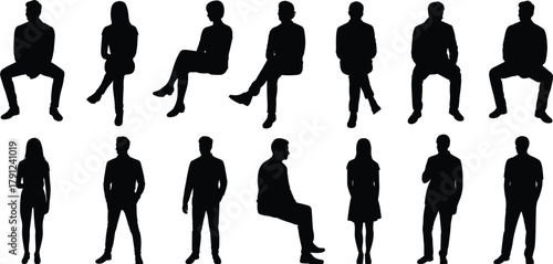 Seated and standing silhouette poses, human posture reference, gesture icons, body language study, ergonomic design asset, vector figure set