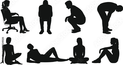 Seated and crouching silhouette set, human posture vector, black figure poses, emotional body language, ergonomic gesture, stock illustration