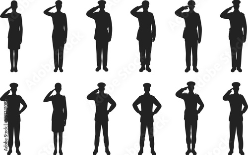 Saluting silhouette figures, military posture icons, black vector set, formal gesture graphics, discipline symbols, uniformed people, respect illustration pack