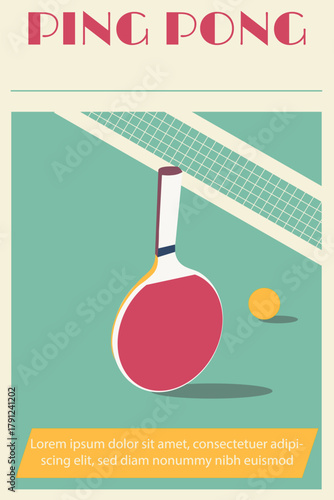 Upright table tennis racket, table tennis ball, ping pong text, tournament, retro, poster, text field