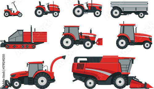 Red farm vehicles, agricultural machinery, tractors, harvest equipment, rural tools, crop transport, loader, trailer, combine harvester, farming illustration