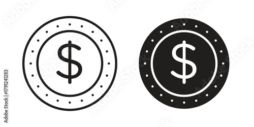Coin icons in outline, flat style. Vector EPS