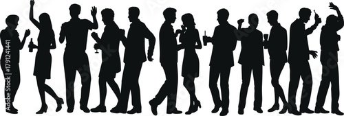 Party silhouette collection, black vector people in formal attire dancing, talking, and mingling for event, lifestyle, and design themes