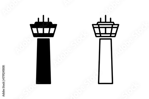 Airport control tower silhouette and outline icon set