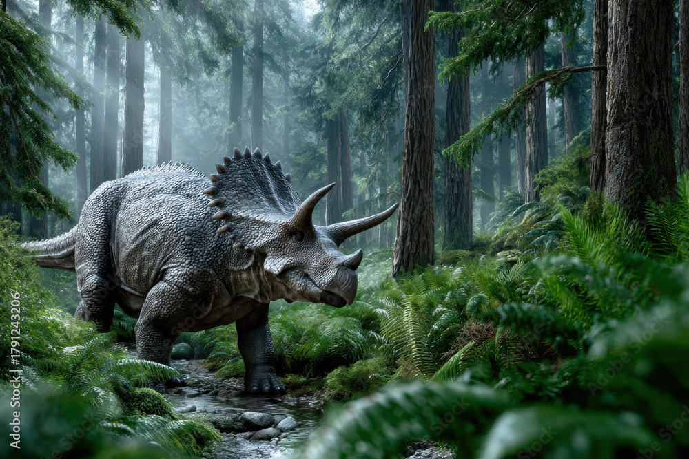 Fototapeta premium Triceratops explores a lush forest landscape during early morning light