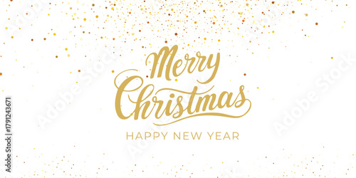 Merry Christmas and New Year card design. Gold glitter decoration, falling sparkling dust texture