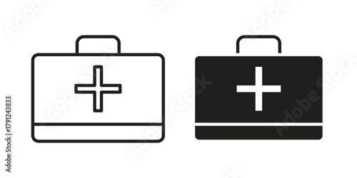 Doctor bag icons in outline, flat style. Vector EPS