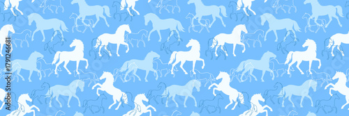 Seamless pattern with white horse silhouettes on blue background. Cute pastel wallpaper with repeating equine motifs print for 2026 Year of the Horse design, textile background, wrapping paper, fabric