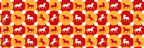 2026 Chinese New Year of the Horse seamless oriental pattern with red and white equine figures inside golden circles in layered vector style. Zodiac Wallpaper, Asian background with decorative print