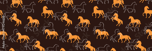 Template of seamless pattern with white and gold Horse silhouettes on brown background. Endless luxury wallpaper, print with equines as a zodiac fire sign for 2026 Chinese New Year and Christmas