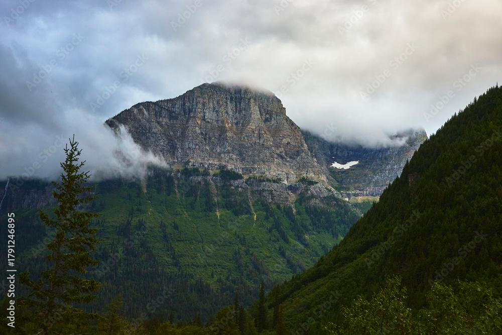 Obraz premium Cloud Shrouded Mountain Peak and Lush Forest in Dramatic Glacier Wilderness