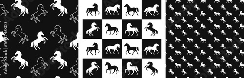 Set of seamless patterns with white horses silhouettes on black background. Wallpapers with repeating equine motifs print in simple vector style for 2026 Year of the Horse designs, textile backgrounds