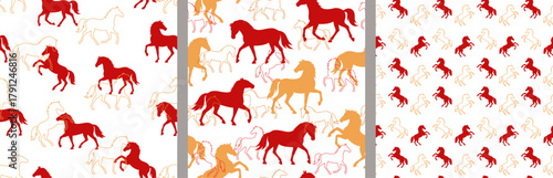 Seamless red, white, golden horse pattern set with outlined and filled silhouettes. Endless equine repeated print for 2026 Year of the Horse. Zodiac Chinese wallpaper, oriental cover, Asian background