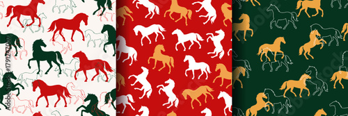 Set of of seamless patterns with Horse silhouettes on red, gold, green, white backgrounds. Endless wallpaper, repeat print with rearing equines as a zodiac sign for 2026 Chinese New Year and Christmas
