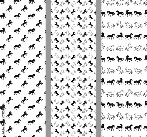 Set of seamless black and white pattern with repeating horse silhouette. Simple equine zodiac background for 2026 Year of the Horse. Wild west repeated wallpaper, wrapping paper, print, textile design