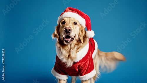 Dog in Santa Costume Sitting Against Blue Background