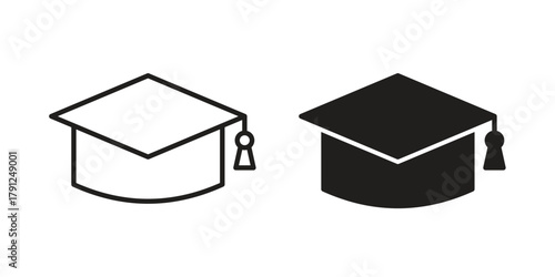 Graduation cap icons in outline, flat style. Vector EPS