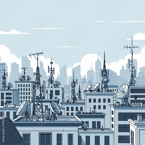 Urban cityscape with telecommunication towers and antennas on rooftops. Modern skyline features numerous satellite dishes and communication devices. Concept of urban technology and connectivity.