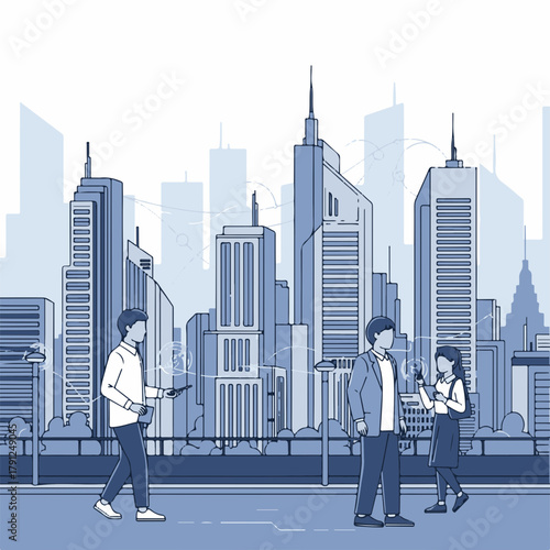 Urban city landscape with people walking and interacting in a modern environment, city skyline showcases tall skyscrapers and contemporary architecture.