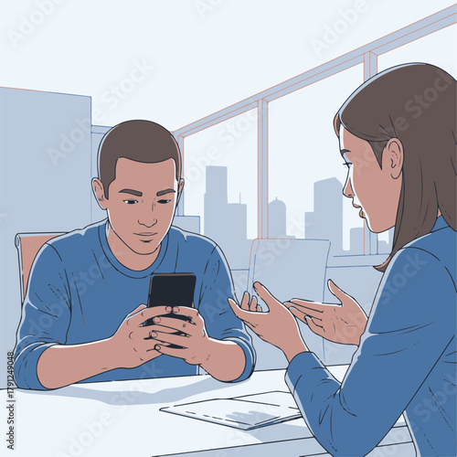 Business meeting with professionals discussing project while one colleague focuses on smartphone. Meeting involves communication and collaboration in modern office setting.