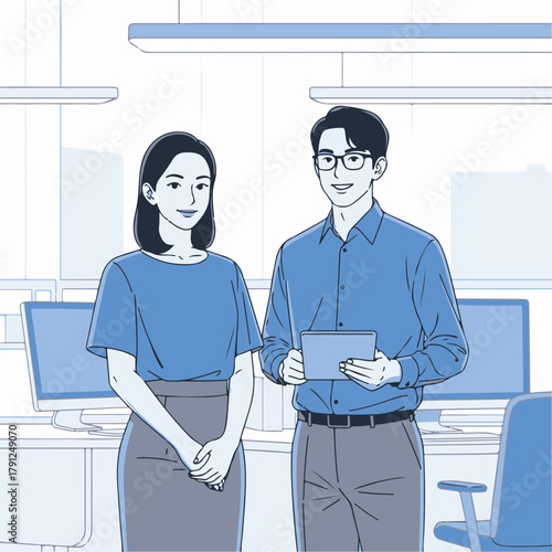 Business people in modern office with computers stand confidently, one holds tablet discussing project details. Professional environment fosters collaboration and innovation for business solutions.